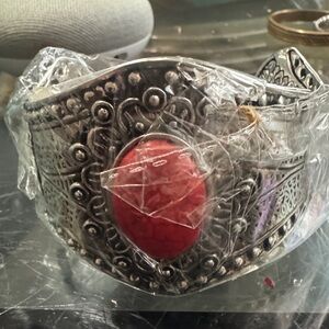 Silver and Red Ornate Cuff Bracelet